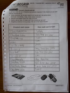 Jonas heeft op school een Nieuwsbegrip-formulier over zijn choco